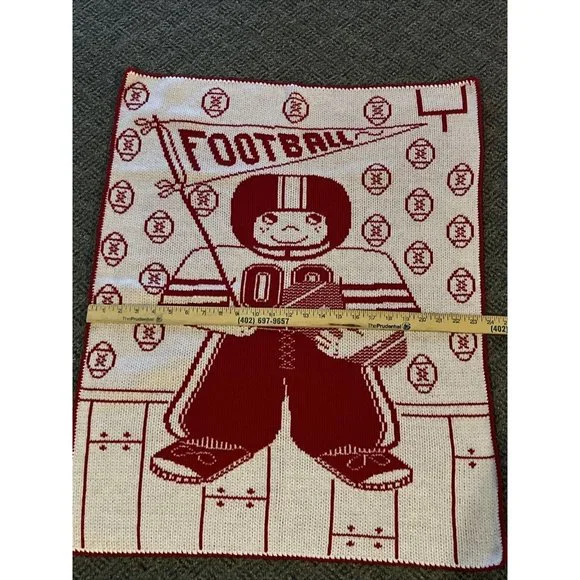 Baby Blanket Footballs Player Flag Red White Cotton Knit Blankie Soft 24x31 Inch - Picture 3 of 6
